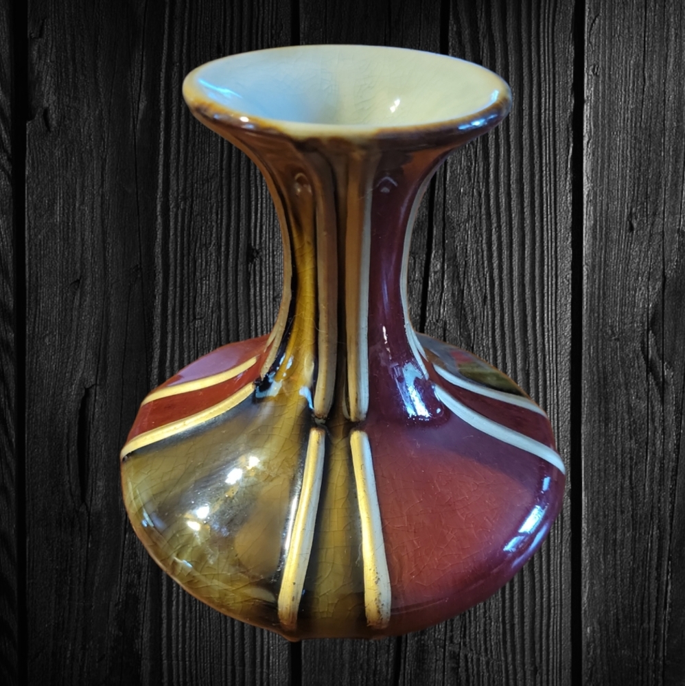 HOST PICK 🙂 Vtg Mid Century Art Deco Jeanie Wide Belly Vase Green Gold Burgundy